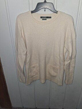 Lauren Ralph Lauren Ivory Ribbed Front Pocket Cashmere Sweater Sz XL